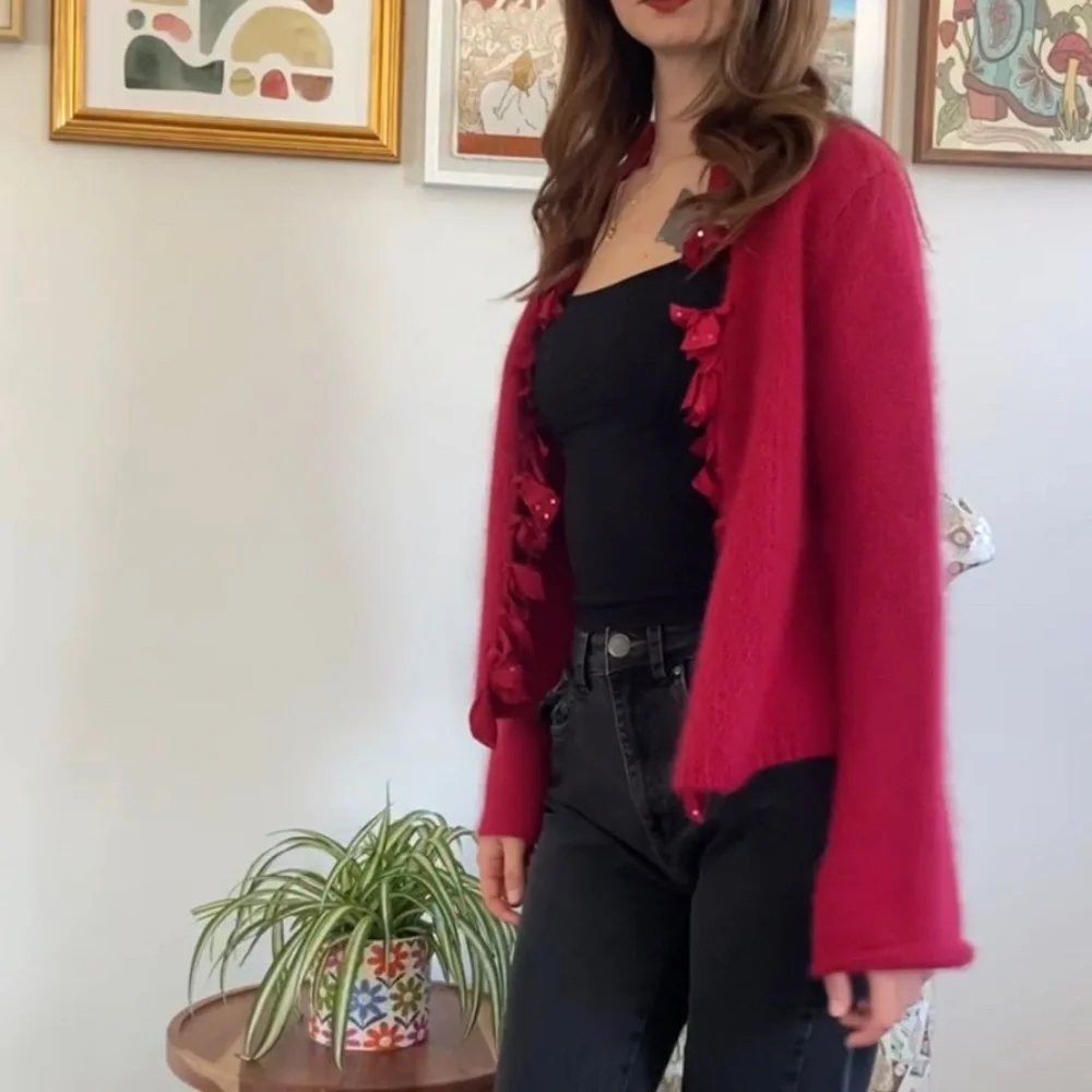 J Jill Wool + Rabbit Hair Red Cardigan with Ruffle Trim Small - Picture 8 of 9